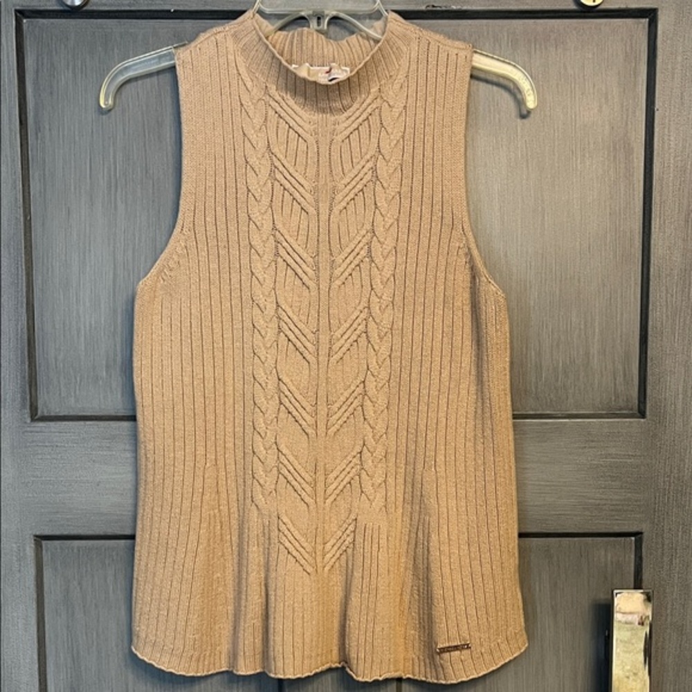 Michael Kors Sz MED Tan Cable Knit Sleeveless Sweater, #designer #chic #posh